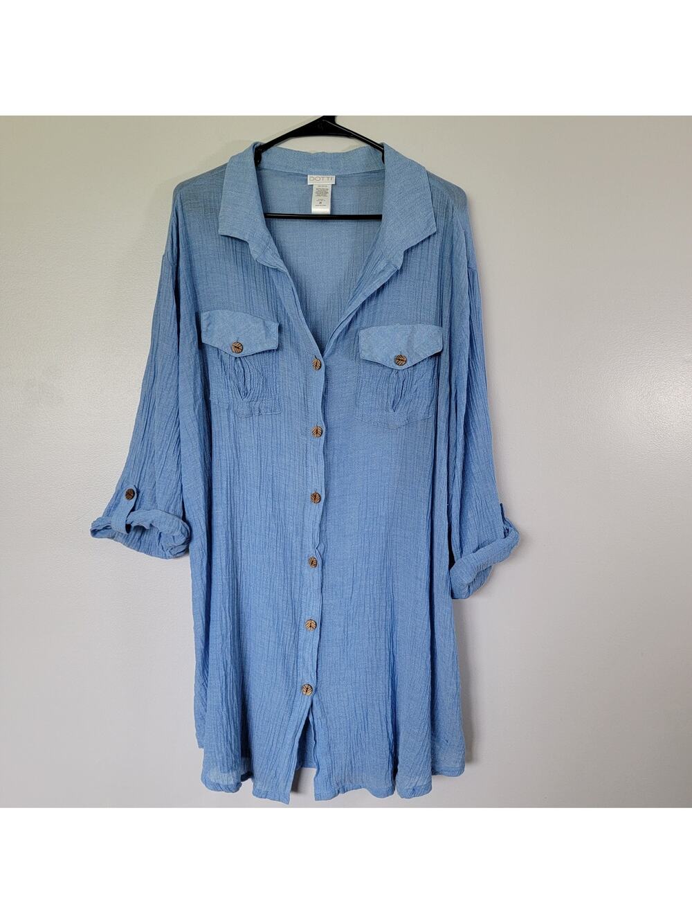 Dotti Gauzy Blue Button Tunic Womens 2X Lightweight Coastal Whimsy 100% Cotton